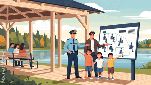 Police officer and teacher educating children on community safety.