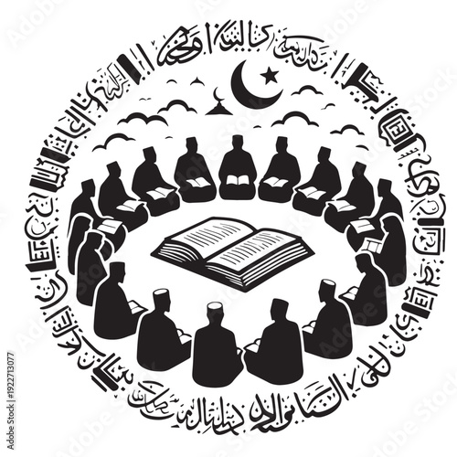 Black Islamic study circle Silhouette Vector, High Quality Illustration on White Background
