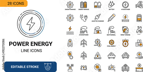 Set of 28 editable power energy icons for renewable resource management global utilities and sustainable electricity initiatives