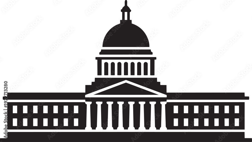 Fototapeta premium Government Parliament Style Building With Wide Base and Central Dome Vector Silhouette