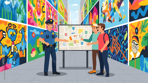 Police Officer and Tourists Discussing Map in Gallery.