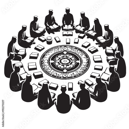Black Islamic study circle Silhouette Vector, High Quality Illustration on White Background
