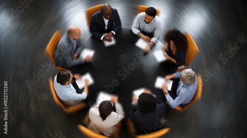 Overhead view of a diverse business team engaged in a dynamic meeting around a circular conference table with a sense of motion