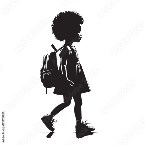 Black Kid first day school Silhouette Vector, High Quality Illustration on White Background