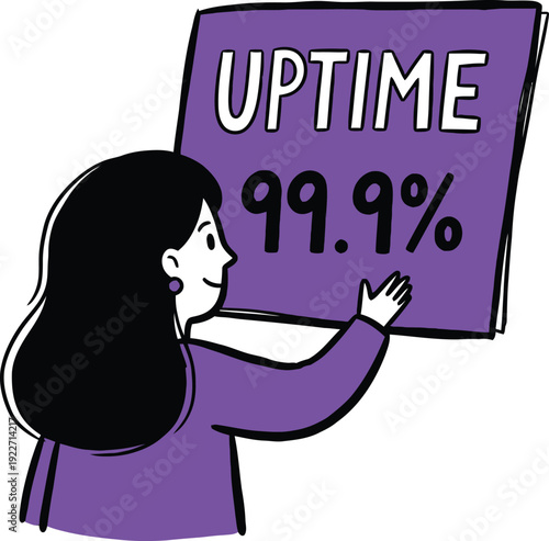 Woman Character Holding a 'Uptime 99.9%' Sign, Symbolizing System Reliability, High Performance, and Service Level Agreement