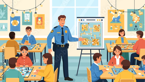 Police officer teaching children about safety in a classroom setting.