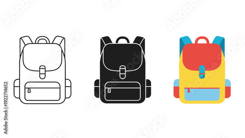 Three different colored backpacks for school or travel Vector