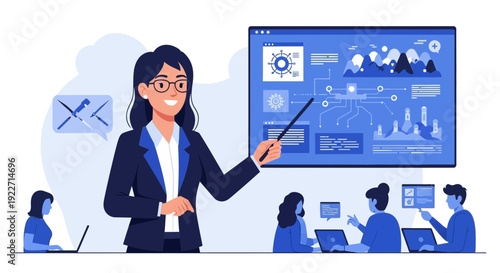 Professional Woman Presenting Data Analytics on a Large Screen.