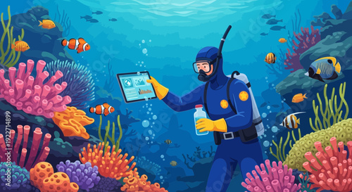 Scuba Diver Engaged in Underwater Research with Tablet and Sample Bottle.
