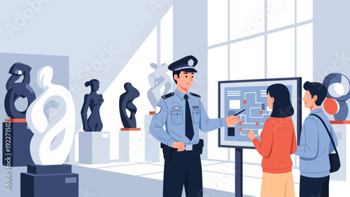 Security guard explaining museum layout to visitors.