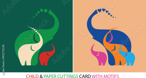 Elephant Family Paper Cutting Greeting Card with Heart Motifs, Creative DIY Mother and Calf Elephant Silhouette Craft
