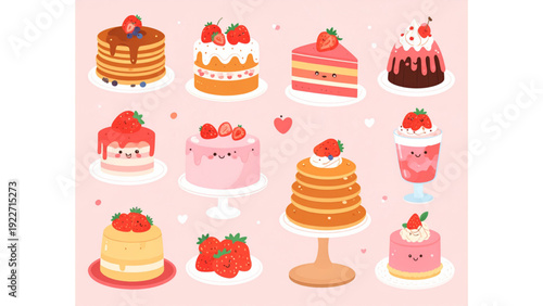 Cute Kawaii Strawberry Dessert Collection Set – Pancakes, Cake, Parfait and Pastry Vector Illustration