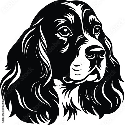 Elegant cocker spaniel dog head in detailed black and white style. Professional vector illustration suitable for pet branding, veterinary clinics, mascot logos and animal themed design projects.