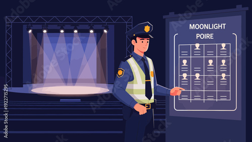 Security Guard Explaining Seating Chart for Moonlight Poire Event.