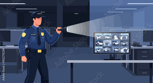 Security guard in uniform holding a flashlight performing a night patrol.