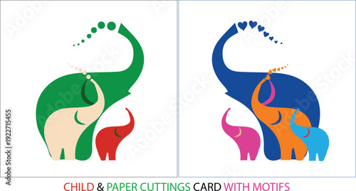 Mother and Calf Elephant Motif Art for School Projects, Elephant Family Paper Cutting Card Design with Heart and Circle Motifs