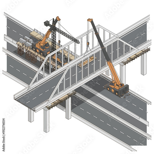 Construction site with cranes building a new highway bridge.