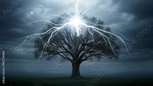 Dramatic lightning strikes tree in dark stormy landscape - 4k video