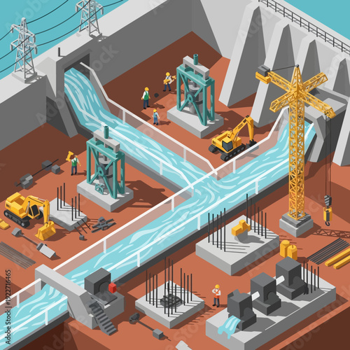Isometric illustration of a hydroelectric dam under construction with workers and machinery.