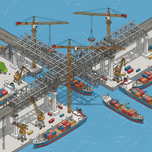 Isometric View of Busy Shipping Port with Cranes and Cargo Ships.