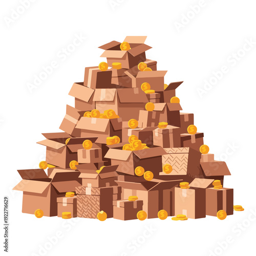 Pile of Open Cardboard Boxes with Coins.