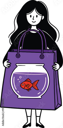 Happy woman character carrying a large purple shopping bag with a clear goldfish bowl and a red fish, representing pet care, new purchases, or home acquisition concept.
