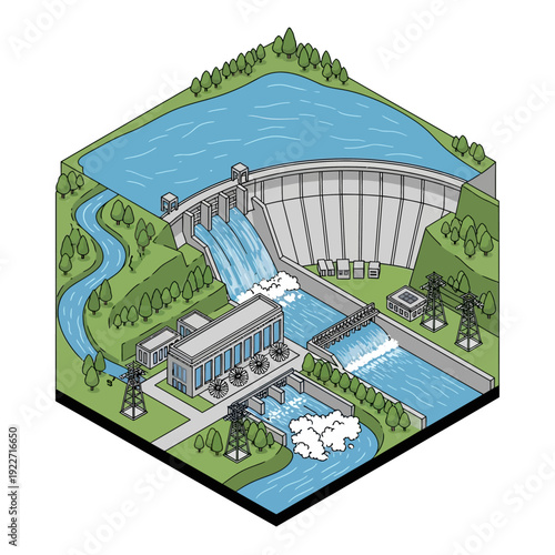 Hydroelectric Dam Power Generation Facility Illustration.