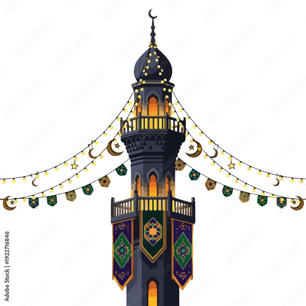 Fototapeta premium Ornate Minaret Tower with Crescent Moon.