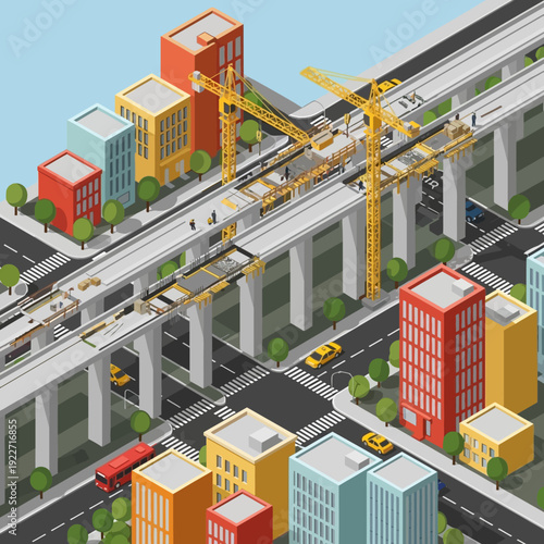 Isometric cityscape with highway and construction site.