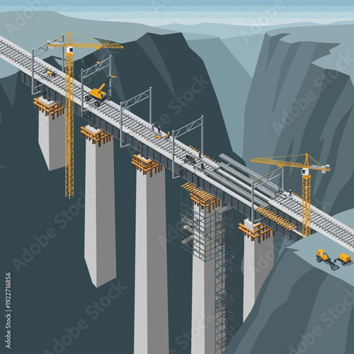 Bridge Construction Site with Cranes and Workers in Mountainous Landscape.
