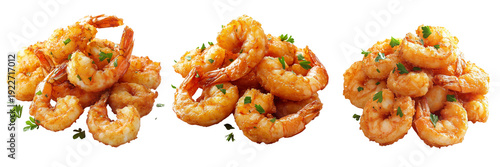 Panel kuchenny z motywem Crispy sweet glazed shrimp served in different portion styles transparent or white background