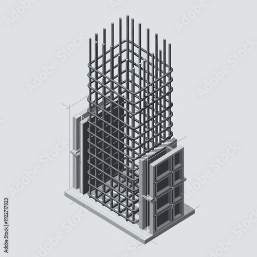 3D rendering of a building's steel reinforcement structure with rebar grid and concrete foundation.
