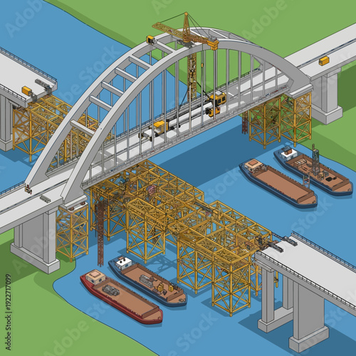 Isometric illustration of a bridge under construction over a river with boats.