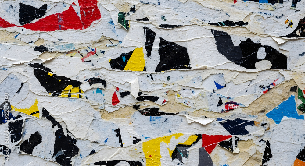 Fototapeta premium Torn and layered posters with faded colors and abstract shapes on weathered surface display