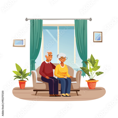 Elderly couple sitting together on a sofa at home