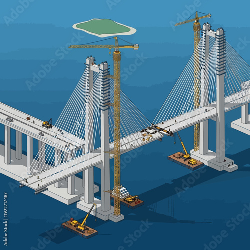 Bridge construction over water with cranes and infrastructure development.