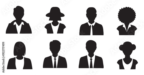  eight diverse business person silhouettes profile icons set