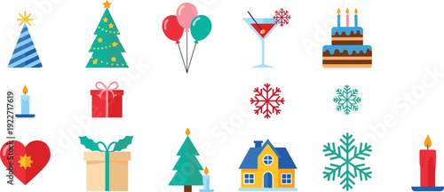 Holiday celebration icon vector set with Christmas, birthday, party, winter, and festive symbols for seasonal design, events, greeting cards, and digital projects