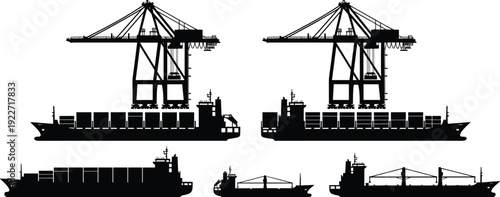 Container ship and port crane silhouette maritime cargo loading shipping logistics harbor transportation seaport terminal global trade export import freight industrial shipping industry supply chain