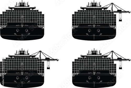 Container ship front view silhouette cargo vessel maritime shipping logistics port crane loading seaport terminal global trade freight transportation export import supply chain