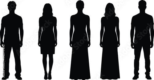 Male and female standing human silhouettes vector set, front view people figures in different outfits for infographic, fashion, presentation, and design concepts