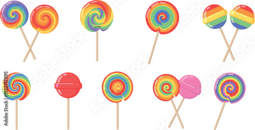 Rainbow lollipop candy icon set flat vector collection of colorful swirl sweets on sticks isolated on light background