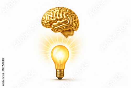 Golden brain model floating above glowing light bulb against white background