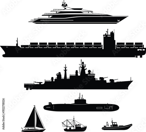 Ship collection silhouette maritime vessels yacht cargo ship warship submarine fishing boat sailing boat naval transport shipping industry ocean transportation marine fleet