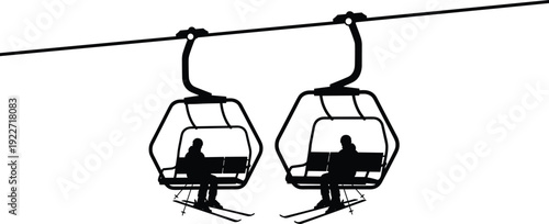 Ski lift chair silhouette vector with skiers riding cable car, winter mountain transport illustration for ski resort, tourism, adventure, and alpine travel concepts
