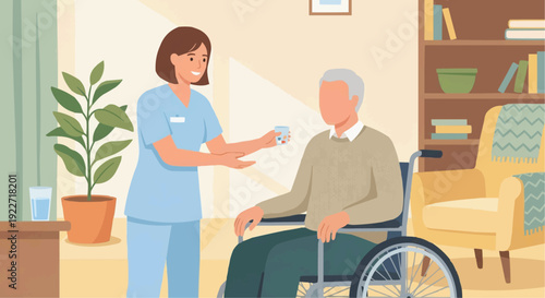 Friendly nurse giving medication to elderly senior man in wheelchair vector illustration.