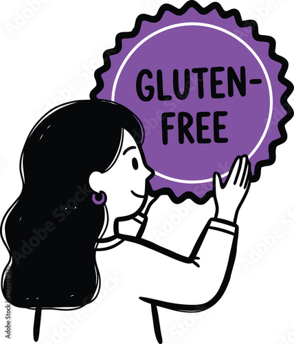 Smiling woman holding a purple serrated "GLUTEN-FREE" label, advocating for healthy dietary choices and allergen awareness for specific food needs.