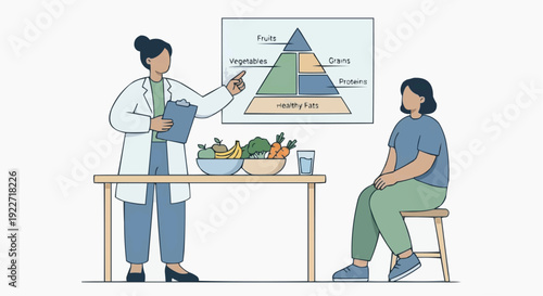Flat vector nutritionist explaining healthy diet plan with fruits and vegetables.