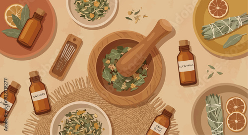 Top view flat lay of alternative holistic medicine with herbs and essential oils vecto