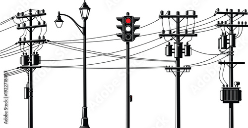 Urban power lines and utility poles vector illustration with traffic light and street lamp, city infrastructure silhouette design for transportation, energy, and technology concepts